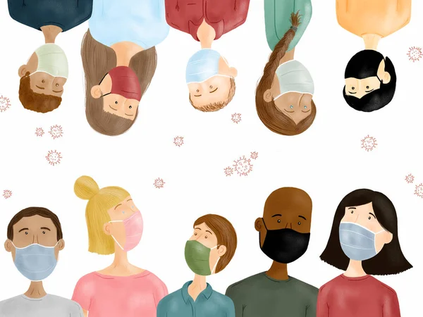 Illustration Multiracial Masked People Being Aware Coronavirus Pandemic — 스톡 사진