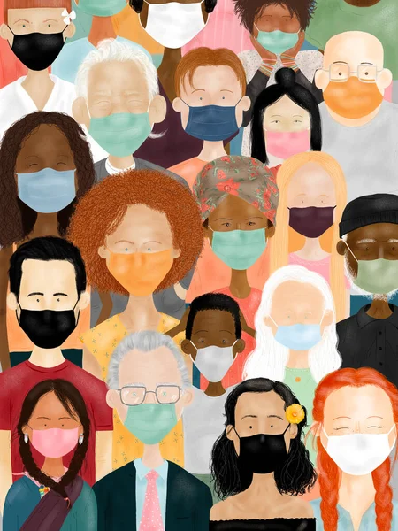 Иллюстрация Многорасовых Людей Масках Знающих Пандемии Коронавируса — стоковое фото