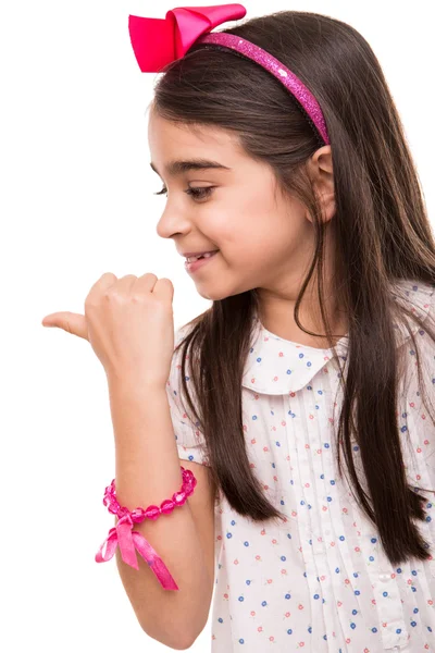 Girl doing thumbs left — Stock Photo, Image