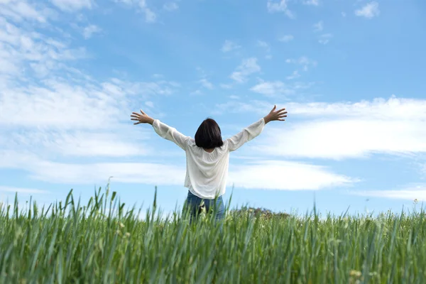 Woman in green field — Stock Photo, Image