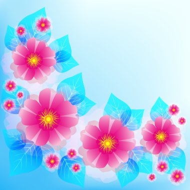 Pembe çiçekler ve yapraklar ile şenlikli mavi arka plan