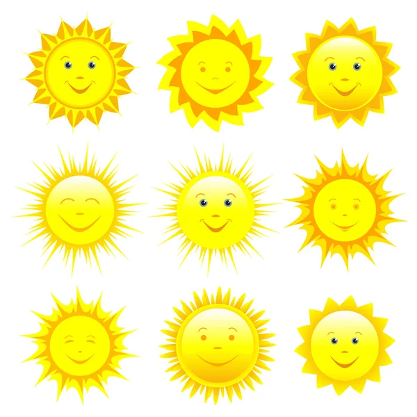 Set de sol sonriente sobre blanco — Vector de stock