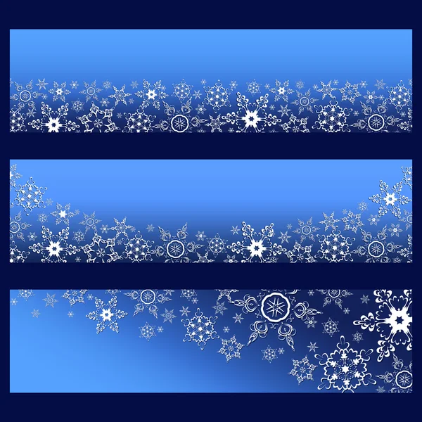 Conjunto de pancartas azules con copos de nieve decorados en blanco 3d — Vector de stock