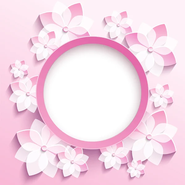 Ronde frame met 3D-roze sakura, wenskaart — Stockvector