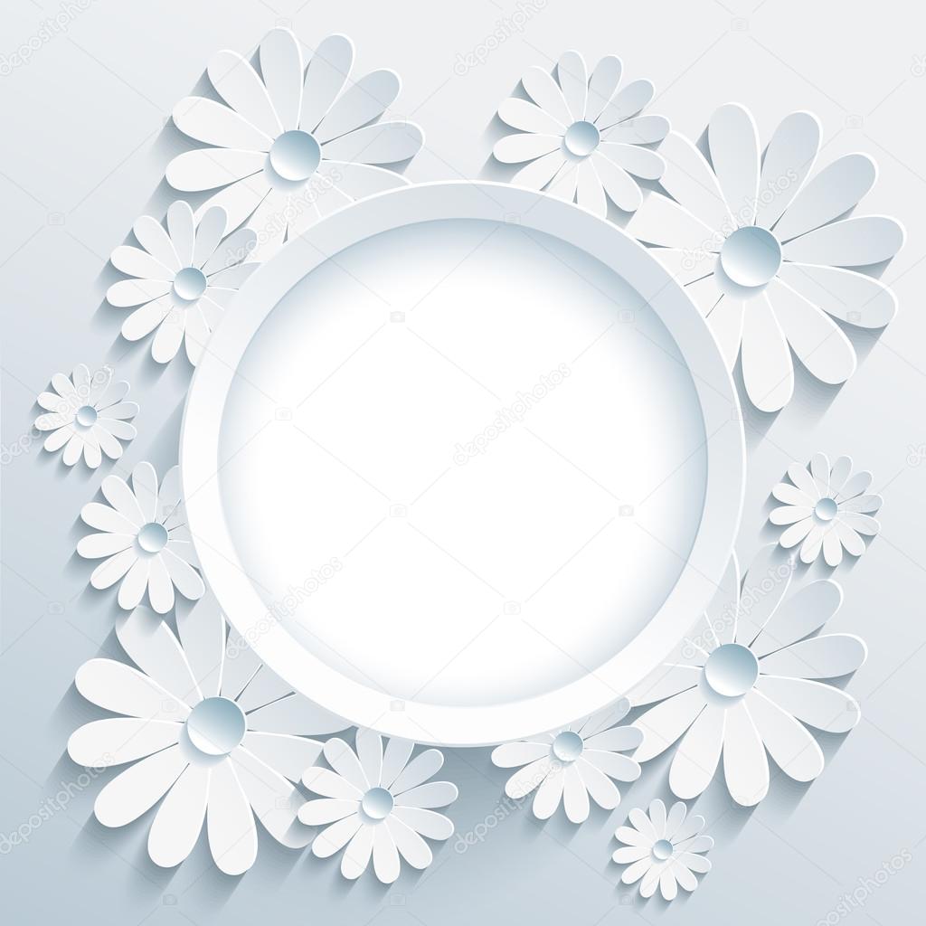 Round frame with 3d white chamomile, greeting card
