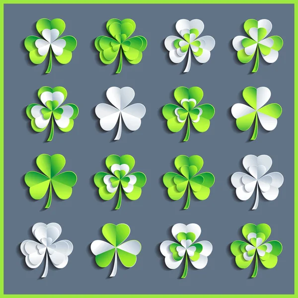 Beyaz ve yeşil 3d Patricks yapraklı yonca kümesi — Stok Vektör