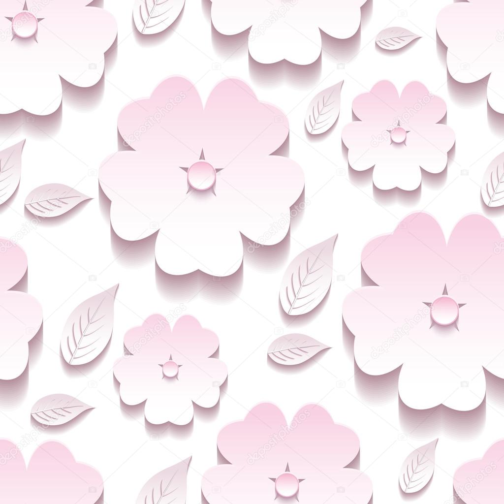 Stylish floral background seamless pattern, 3d sakura blossom