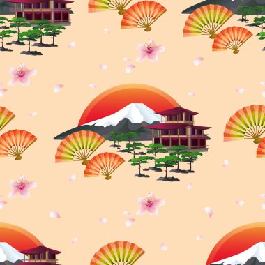 Japanese abstract background with fans and landscape