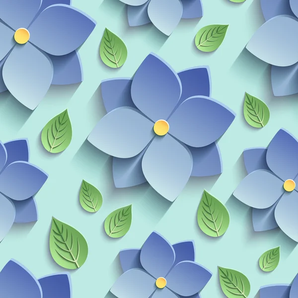 Nahtloses Muster mit 3d blauen Blüten und Blättern — Stockvektor