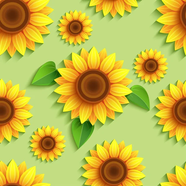 Floral green seamless pattern with 3d sunflowers