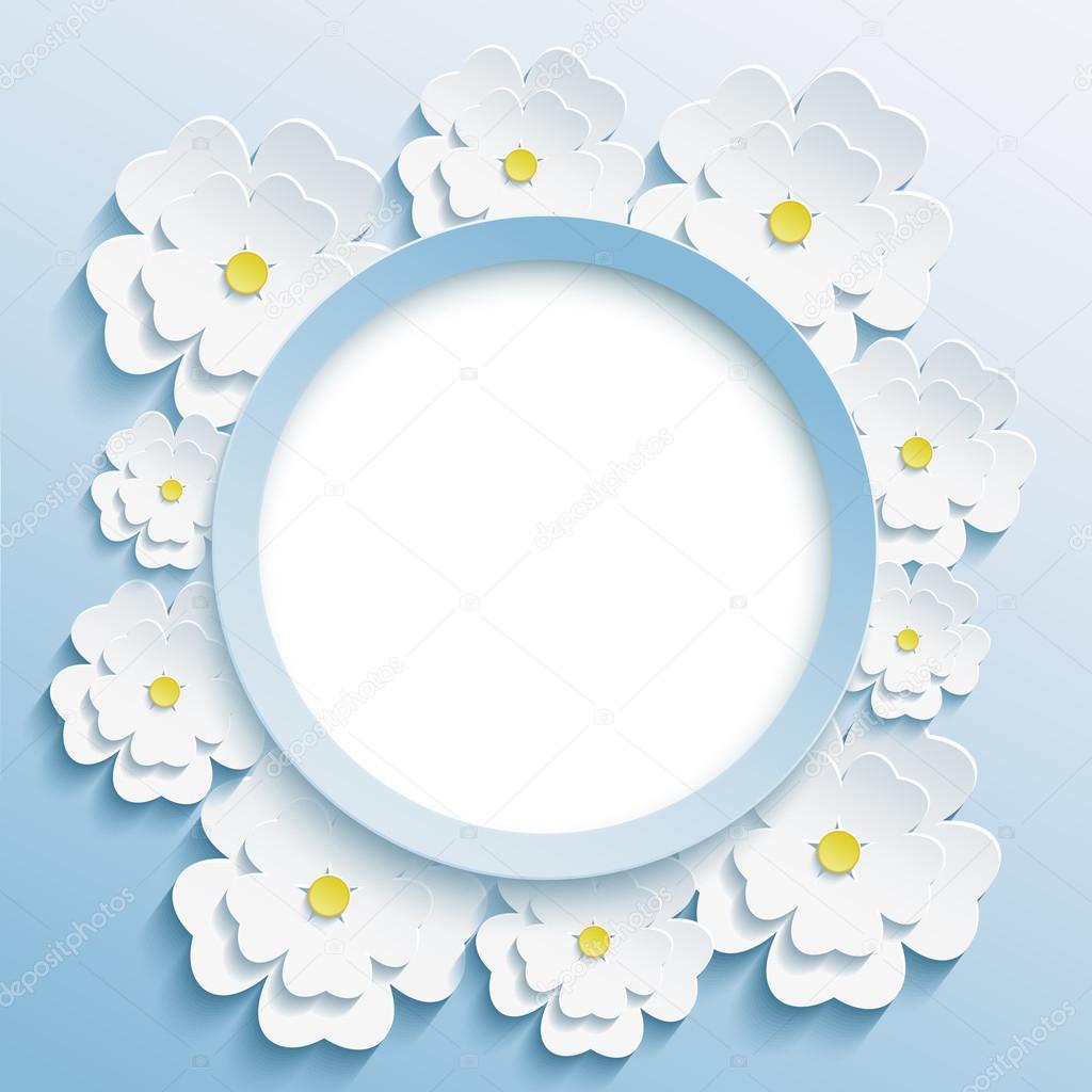 Round blue frame with 3d white sakura