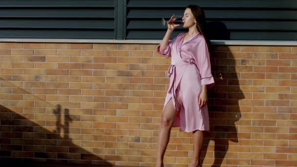 Apartamento loft moderno em um dia ensolarado perfeito mulher olhando incrível em um pijama rosa tomar um copo de vinho e se sentir relaxado e romântico — Vídeo de Stock