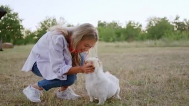 Güneşli bir günde güzel bayan ve şirin köpeği parkta güzel güzel oynuyorlar. Çok heyecanlılar. Hayvanını çok seviyor. ARRI Alexa 'da çekim