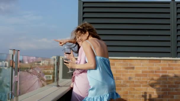 Na poddaszu mieszkania dwie kobiety z dużym uśmiechem pijące wino i cieszące się chwilą w piżamie — Wideo stockowe