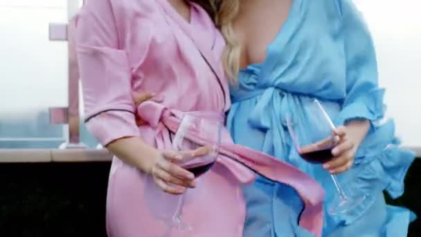 Στην κορυφή του διαμερίσματος σοφίτα στη βεράντα closeup στην κάμερα λεπτομέρειες των δύο κυρίες με πιτζάμες κρατώντας δύο ποτήρια κρασί και ζητωκραυγές. 4ια — Αρχείο Βίντεο