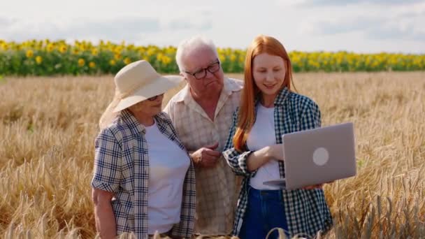 Bella donna anziana e suo marito contadino insieme alla loro figlia analizzando le statistiche del raccolto di quest'anno in mezzo al campo di grano giovane signora che tiene il computer portatile per mostrare il — Video Stock