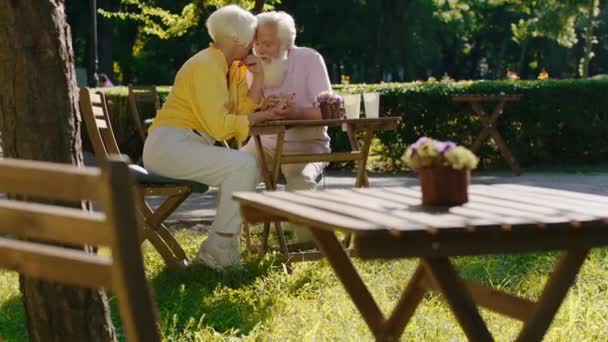 Tempo romântico para uma velha mulher bonita e seu parceiro velho tem uma reunião romântica no café eles abraçando um ao outro e amando — Vídeo de Stock