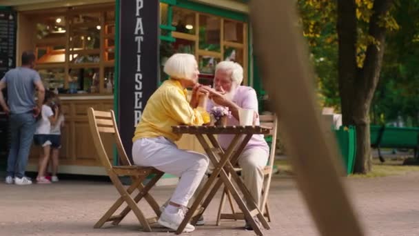 Midden in het park nemen oud ogende man en vrouw een kopje koffie in café en praten samen over iets wat ze zijn zeer aantrekkelijk en charismatisch paar. Neergeschoten op ARRI Alexa Mini. — Stockvideo