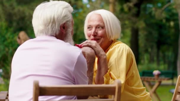 Closeup to the camera charismatic old man and his beautiful wife have a romantic conversation while holding hands. 4k — Stock Video