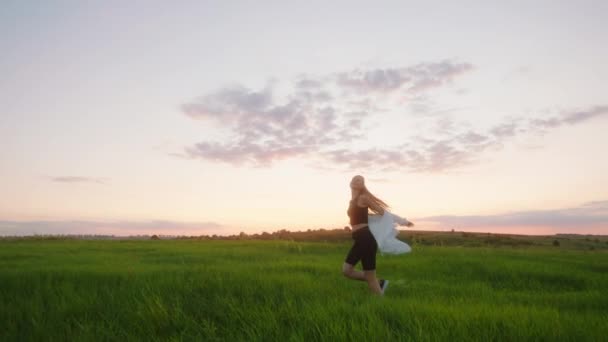 Al atardecer mujer joven disfrutar del momento al atardecer en medio de la naturaleza que están muy relajados de buen humor — Vídeo de stock