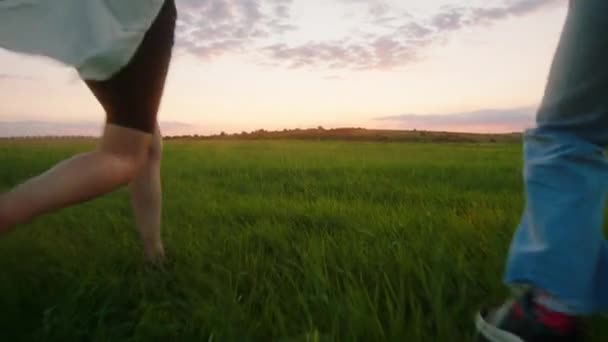 Two beautiful ladies best friends running through the green field at sunset they are happy and excited — Stock Video