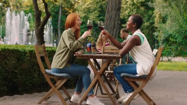 Kızıl saçlı bir bayan ve Afrikalı arkadaşı, güzel bir parkın önünde şarabını yudumluyor ve kendilerine güveniyorlar. ARRI Alexa Mini 'de çekilen. — Stok video