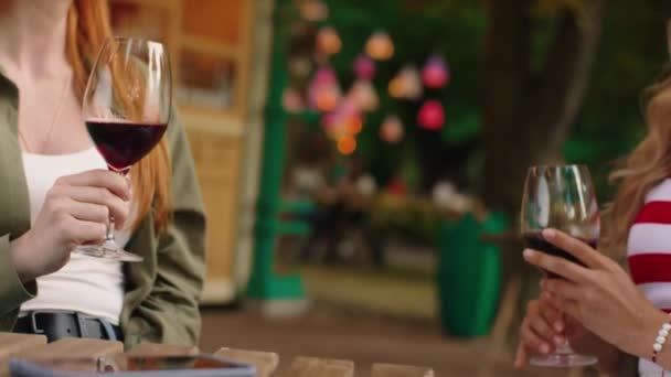 Крупный план бокалов с вином и рыжеволосая красотка с элегантной блондинкой, чувствующей себя веселым, находясь в парке и сидя за журнальным столиком. 4k — стоковое видео