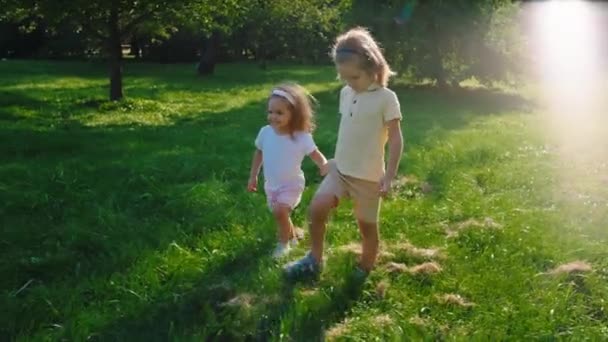 Красивый маленький мальчик и девочка, идущие вместе в середине парка держась за руки они улыбаются мило и чувствовать себя счастливым — стоковое видео