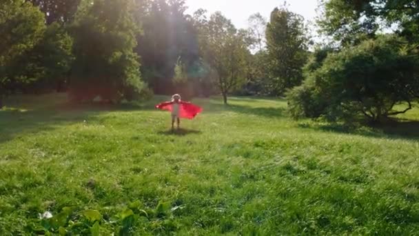 Netter kleiner Junge im Park, der einen Superheldenanzug trägt und vor der Kamera durchs Gras rennt. 4k — Stockvideo