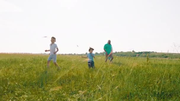 Hermosa familia joven dos lindos niños y padres en el picnic en el medio de campo grande enfriamiento y caminar junto con su perro inglés cocker spaniel — Vídeos de Stock