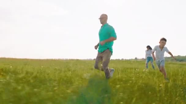 Rennend voor de camera charismatische kleine jongen met zijn vader en mooie kleine hond achtergrond jong vrouwtje met ander kind ze genieten allemaal van de frisse lucht in de natuur — Stockvideo