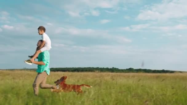 Der attraktive junge Mann rennt mit seinem kleinen Kind auf dem Rücken durch das Gras und hinterher läuft der süße Hund Englischer Cockerspaniel — Stockvideo