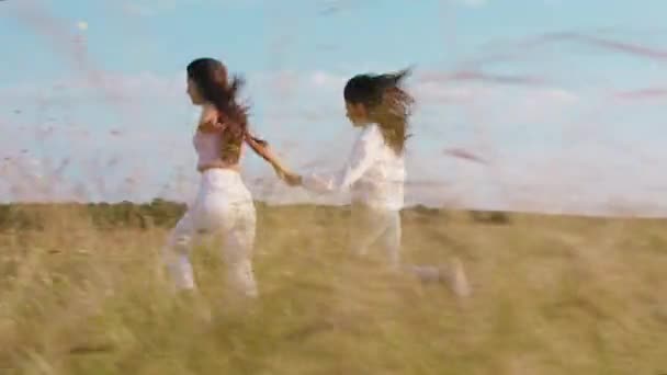 Dobře vypadající dvě mladé ženy šťastné běží spolu přes zelené pole uprostřed přírody, které urychlují dobré chvíle spolu — Stock video