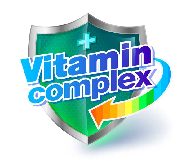 Bouclier Santé Vitamine Concept Complexe Avec Bouclier Cristal Transparent Vert — Image vectorielle