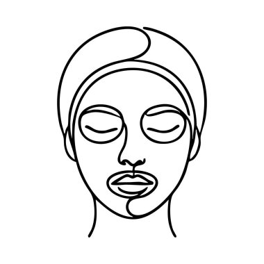 Yüksek çözünürlüklü, minimalist, tek satırlık bir resimde, yüz maskesi ve saç bandıyla rahatlayan bir kadın tasvir ediliyor. Güzellik blogu için ideal özellik, kişisel bakım ve çevrimiçi depolama resimleriyle ilgili sosyal medya içeriğini paylaşıyor