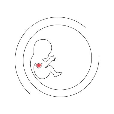 Rahimde sürekli çizilmiş bir insan fetüsünün vektör çizimi. Küçük kırmızı bir kalp hayatı ve aşkı simgeler. Kürtaj karşıtı minimalist konsept, doğmamış yaşamın kutsallığı, hamilelik ve annelik.