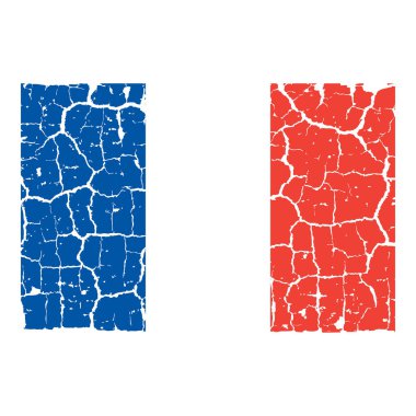 Kırık bir duvara Fransa bayrağının resmi çizilmiş. Grunge, resmî Fransız üç renkli, mavi, beyaz ve kırmızı renklerle sıkıntılı stil arka planı.