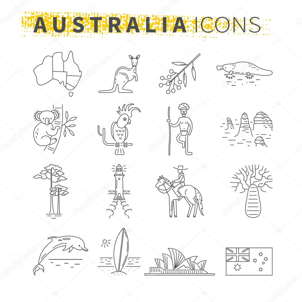 Set of thin line icons . Australian travel theme
