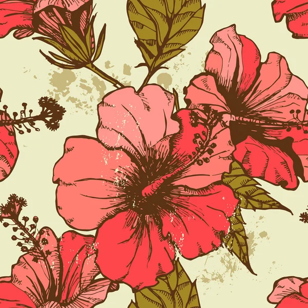 Hand dawn hibiscus flowers seamless pattern — Stock Vector