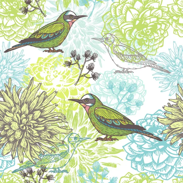 ベクトル花手描き鳥やハーブとのシームレスなパターン — ストックベクタ