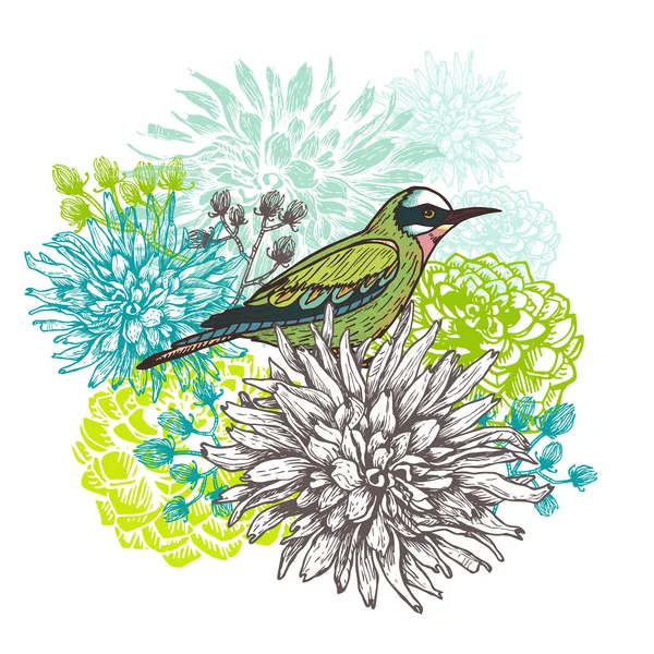 Ilustracja wektorowa mały ptak i kwitnących kwiatów dalii — Wektor stockowy