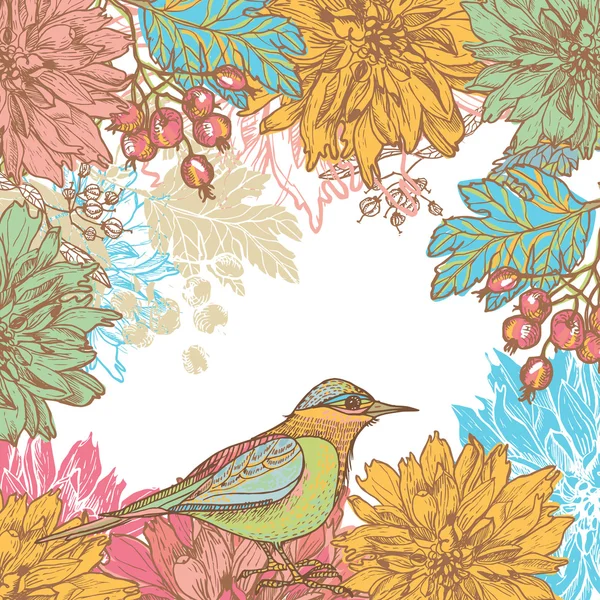 Hand drawn dahlia flowers and bird retro card — Stock Vector