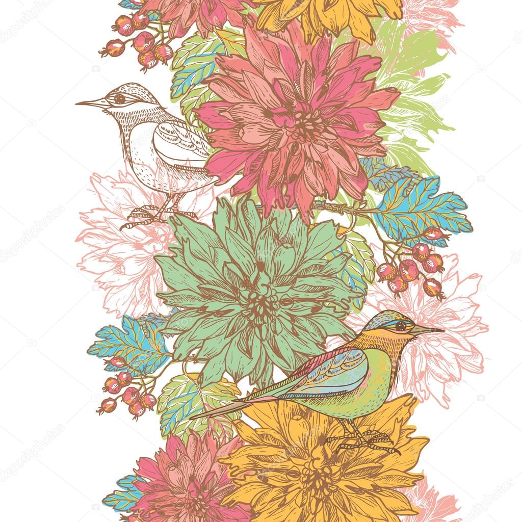 Hand drawn dahlia flowers and birds vertical seamless border