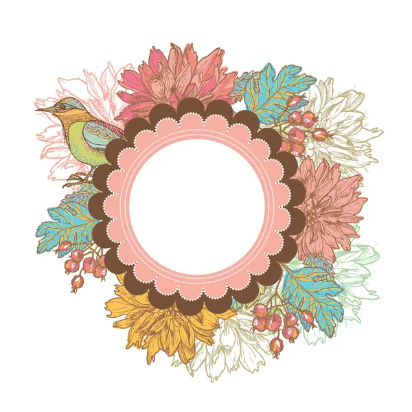 El çizilmiş sonbahar meyveler ve çiçekler kuş retro etiketle — Stok Vektör