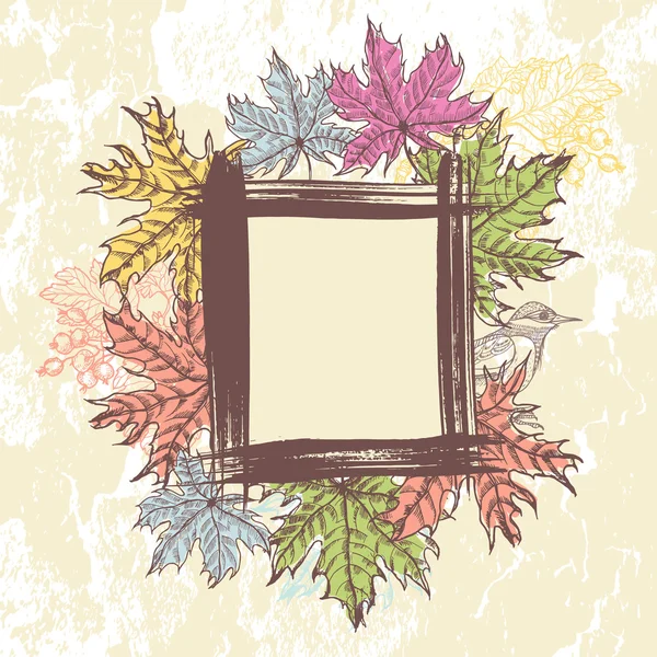 Hand drawn autumn leaves, berries  and  forest bird frame — Stock Vector