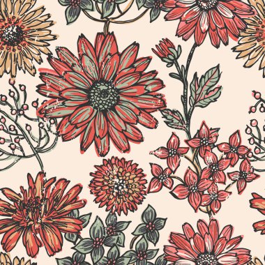 elle çizilmiş vintage çiçek seamless modeli