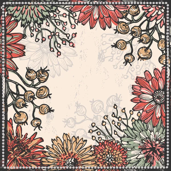 Cadre dessiné à la main avec des fleurs et des baies — Image vectorielle