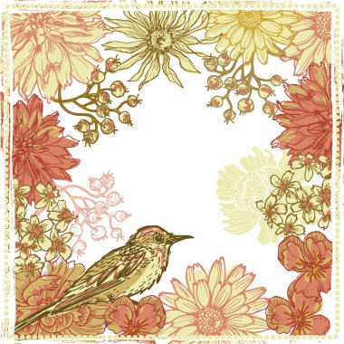 Kuş eliyle çizilmiş botanik temalı vignette