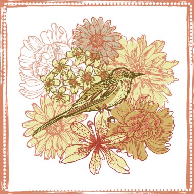 Elle çizilmiş vintage botanik Tema kart kuş ile