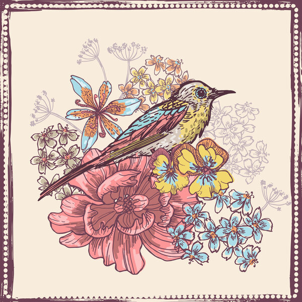 Hand drawn vintage botanical theme card with bird